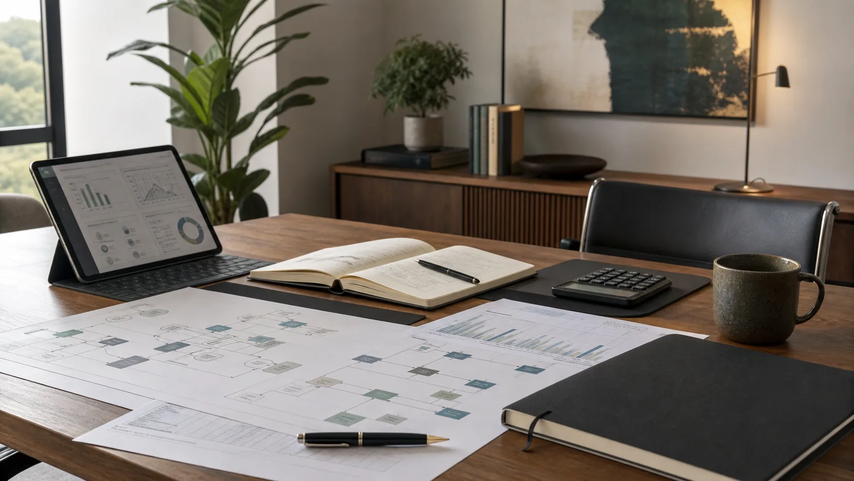 Mesa de trabajo de Arönin Asesores con análisis financiero, procesos y arquitectura de negocios