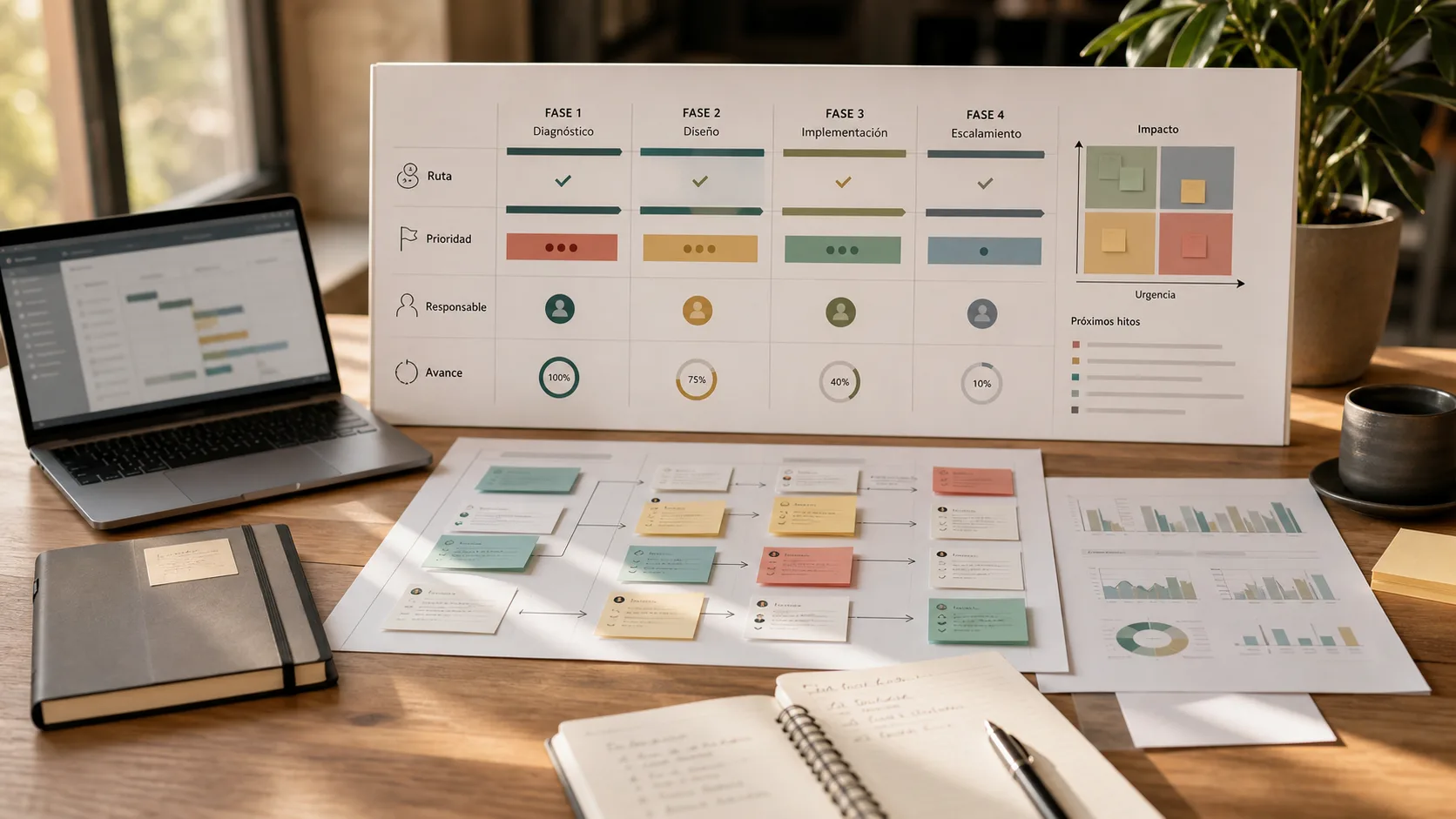 Roadmap de reorganización operativa con fases, prioridades, responsables y avance medible